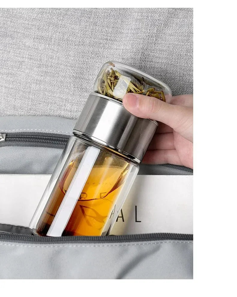 420ml Double wall Glass Tea Infuser Bottle-Elegant & Leakproof Travel Thermos