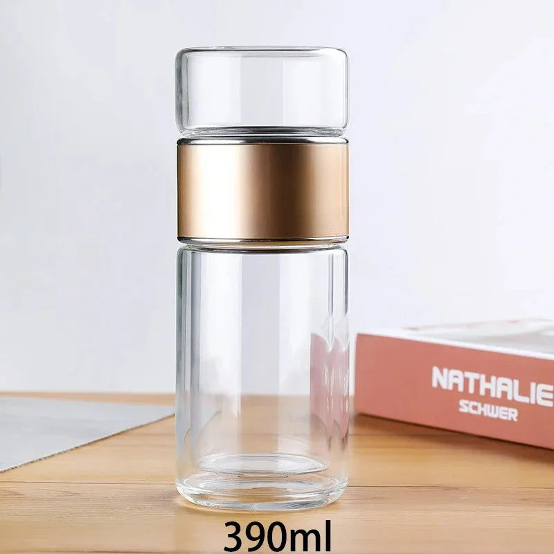 420ml Double wall Glass Tea Infuser Bottle-Elegant & Leakproof Travel Thermos