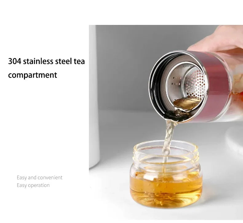 420ml Double wall Glass Tea Infuser Bottle-Elegant & Leakproof Travel Thermos