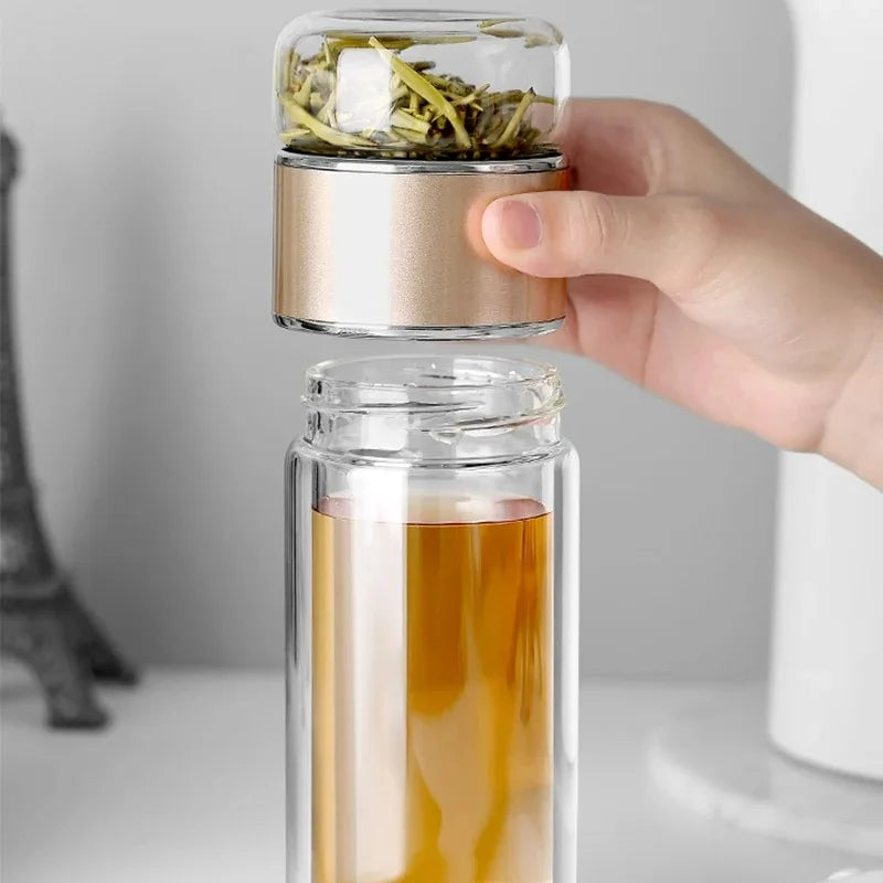 420ml Double wall Glass Tea Infuser Bottle-Elegant & Leakproof Travel Thermos