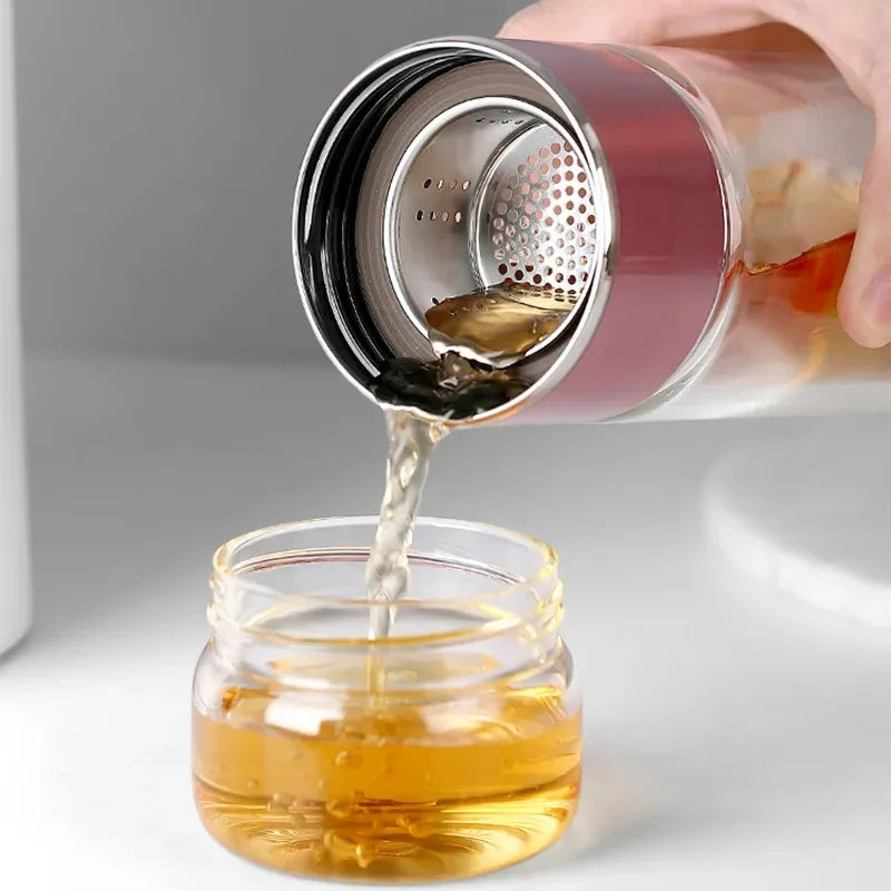420ml Double wall Glass Tea Infuser Bottle-Elegant & Leakproof Travel Thermos