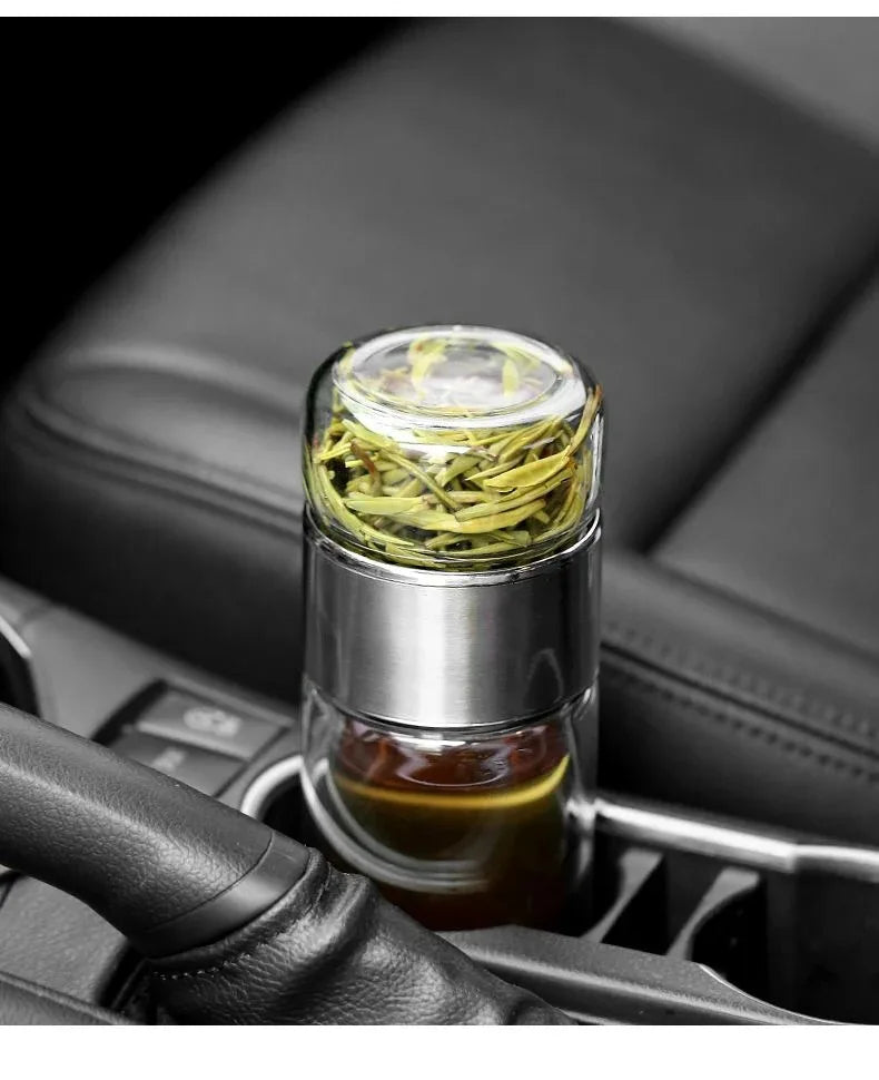 420ml Double wall Glass Tea Infuser Bottle-Elegant & Leakproof Travel Thermos