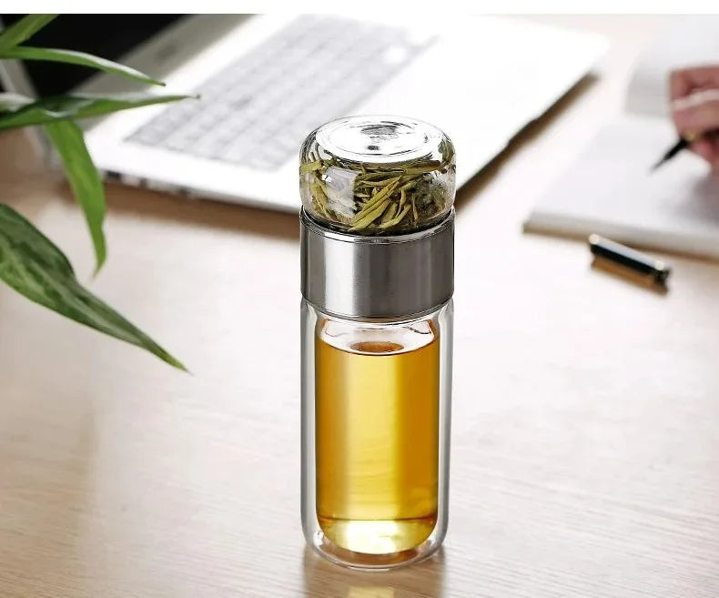 420ml Double wall Glass Tea Infuser Bottle-Elegant & Leakproof Travel Thermos