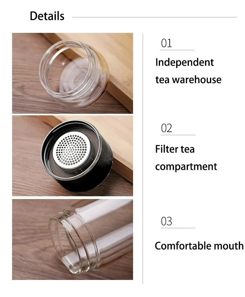 420ml Double wall Glass Tea Infuser Bottle-Elegant & Leakproof Travel Thermos