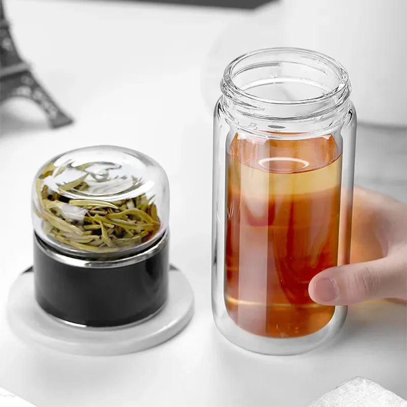 420ml Double wall Glass Tea Infuser Bottle-Elegant & Leakproof Travel Thermos