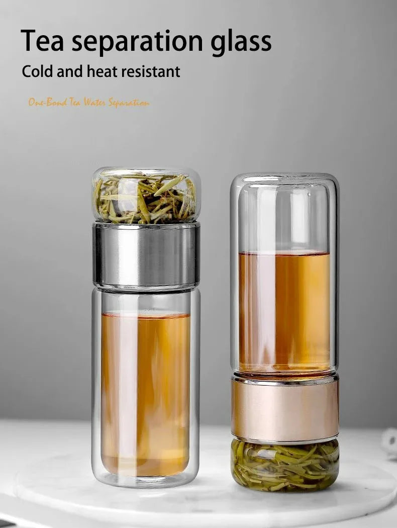420ml Double wall Glass Tea Infuser Bottle-Elegant & Leakproof Travel Thermos