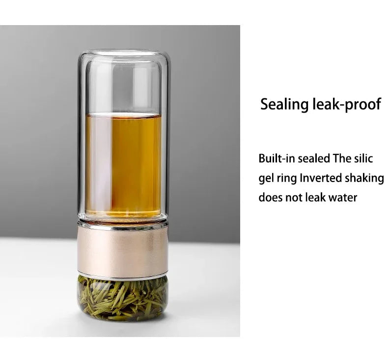420ml Double wall Glass Tea Infuser Bottle-Elegant & Leakproof Travel Thermos