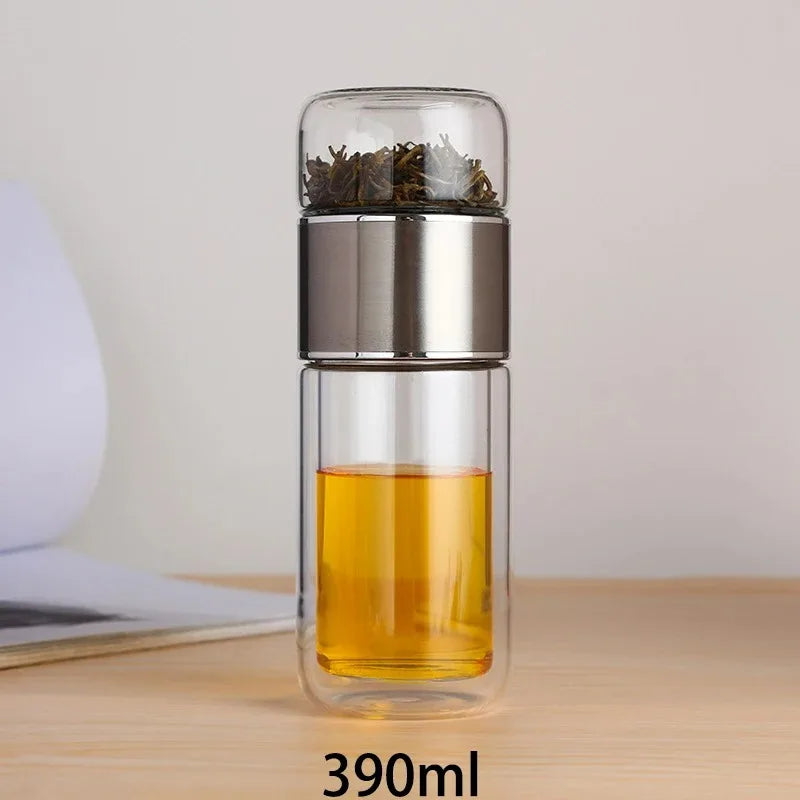 420ml Double wall Glass Tea Infuser Bottle-Elegant & Leakproof Travel Thermos