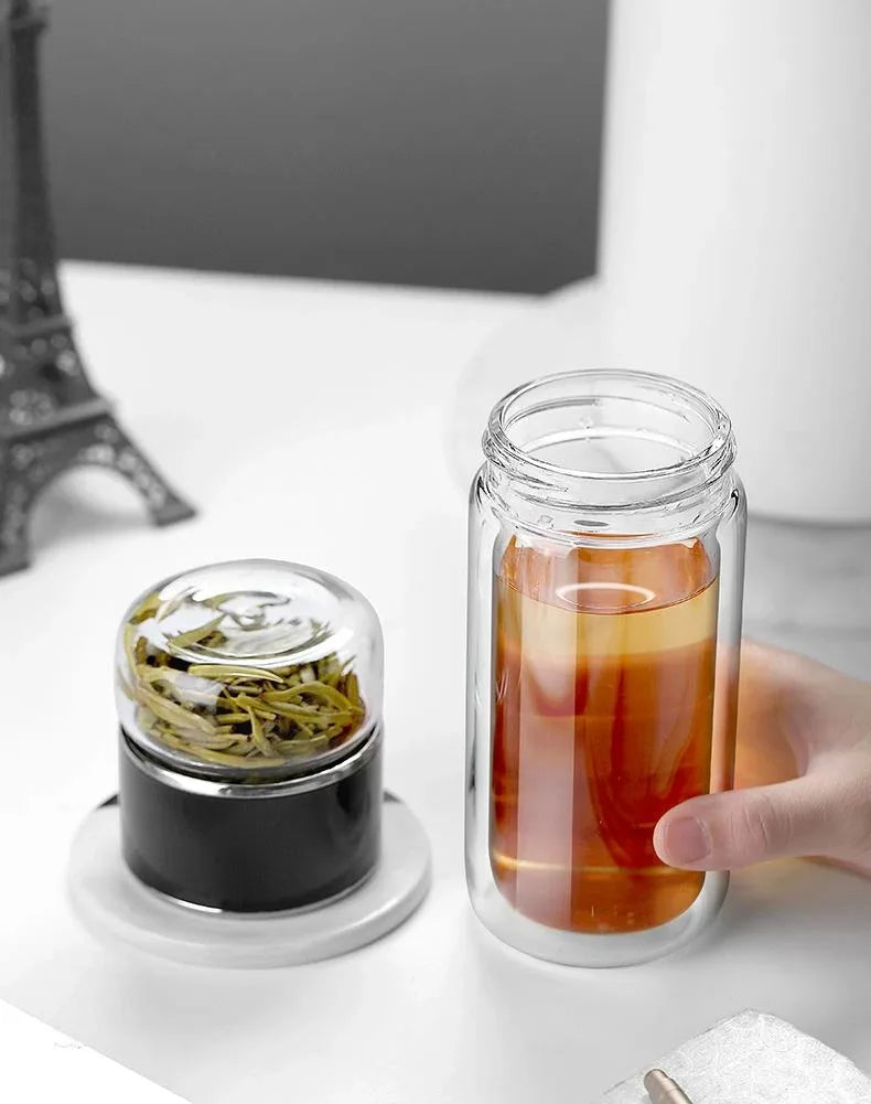 420ml Double wall Glass Tea Infuser Bottle-Elegant & Leakproof Travel Thermos