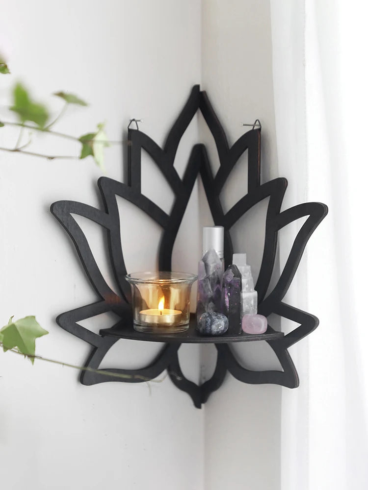 Wooden Lotus Hollow Decorative Rack Aromatherapy Organiser Essential Oil Candle Holder Wall Mounted Shelf Corner Shelf