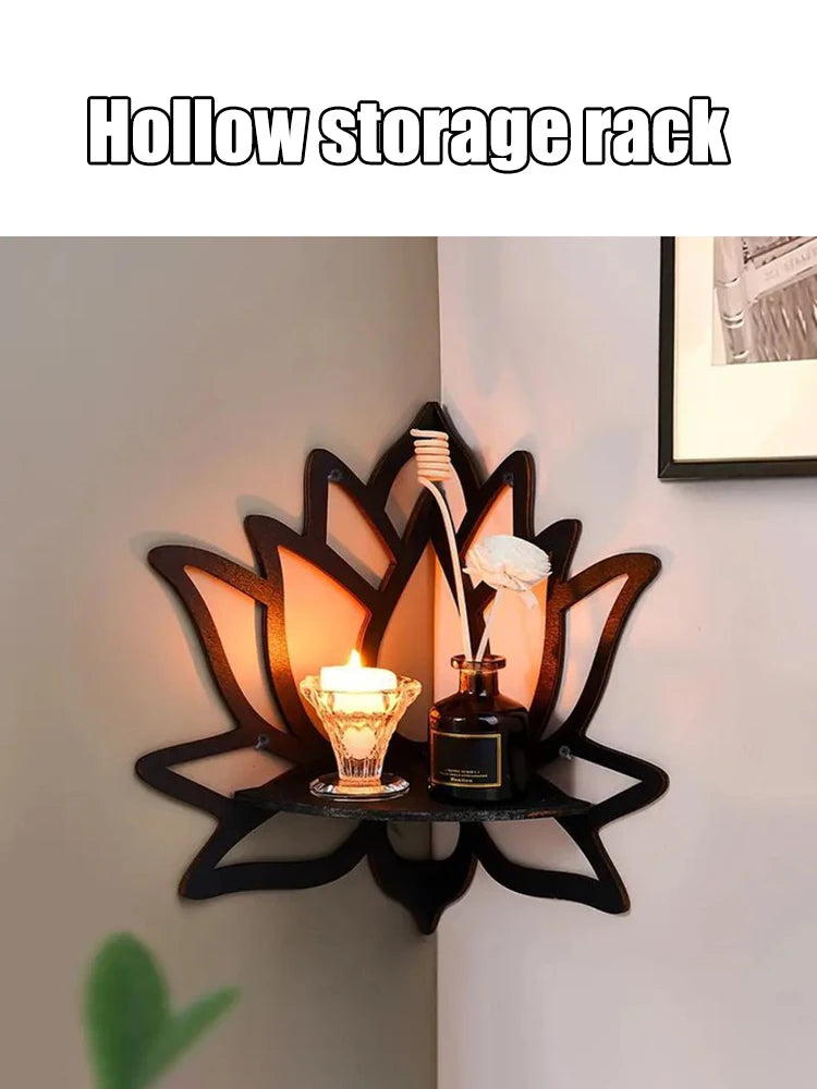 Wooden Lotus Hollow Decorative Rack Aromatherapy Organiser Essential Oil Candle Holder Wall Mounted Shelf Corner Shelf