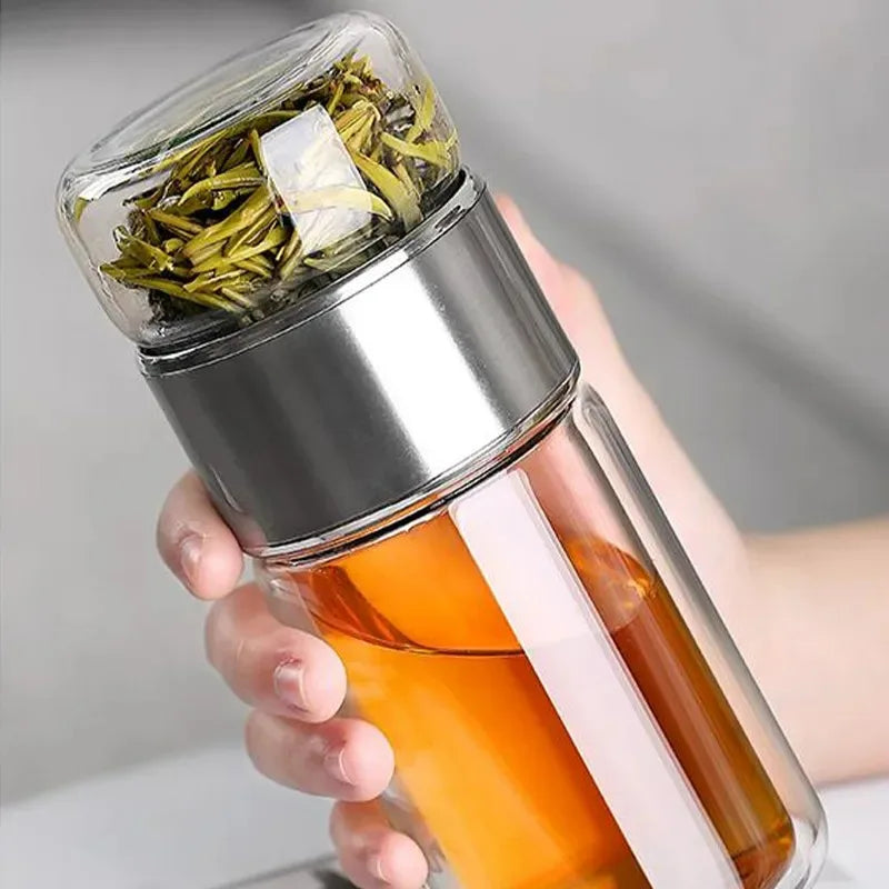 420ml Double wall Glass Tea Infuser Bottle-Elegant & Leakproof Travel Thermos