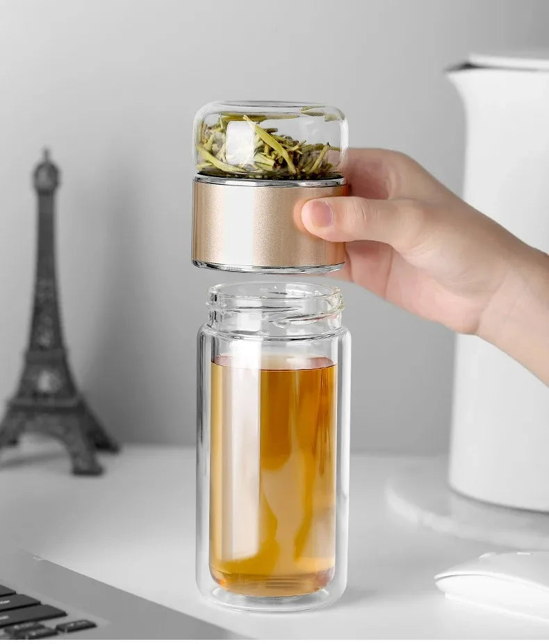 420ml Double wall Glass Tea Infuser Bottle-Elegant & Leakproof Travel Thermos