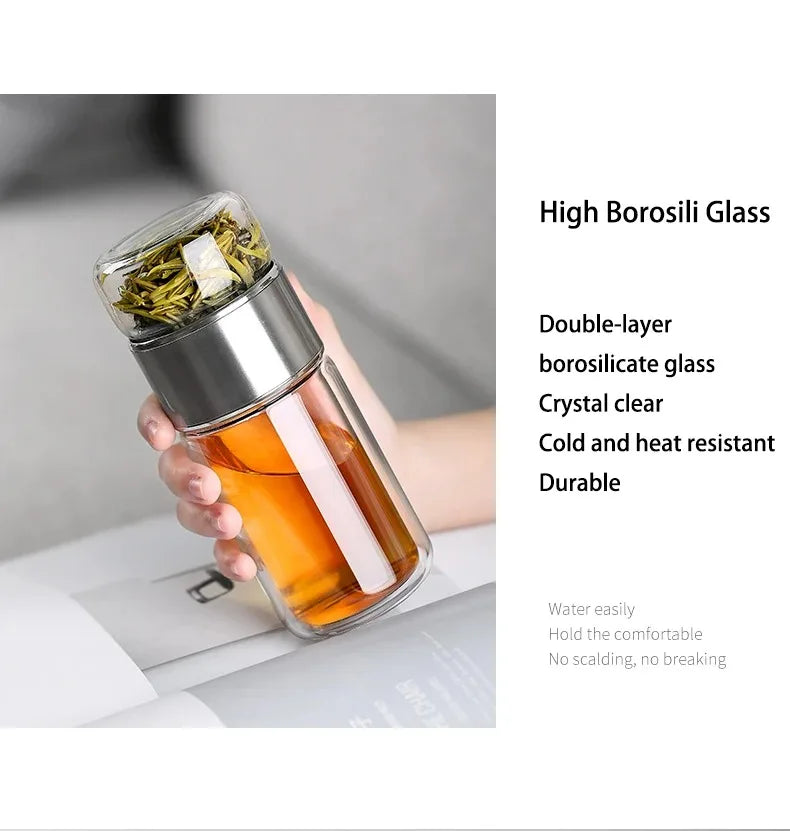 420ml Double wall Glass Tea Infuser Bottle-Elegant & Leakproof Travel Thermos