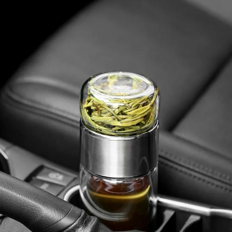 420ml Double wall Glass Tea Infuser Bottle-Elegant & Leakproof Travel Thermos