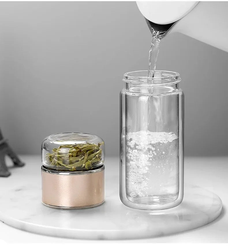 420ml Double wall Glass Tea Infuser Bottle-Elegant & Leakproof Travel Thermos