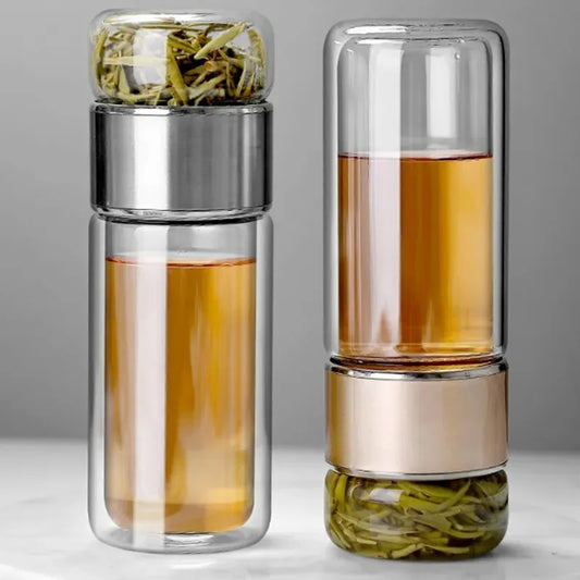420ml Double wall Glass Tea Infuser Bottle-Elegant & Leakproof Travel Thermos